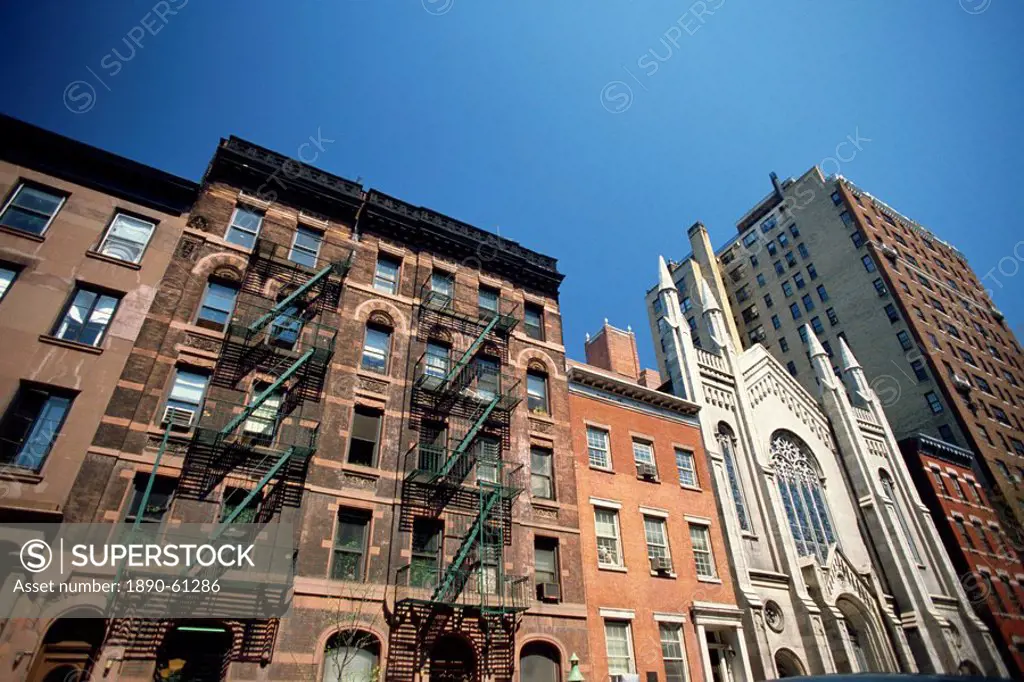 Street with tenements and church, Greenwich Village, Manhattan, New York City, United States of America, North America