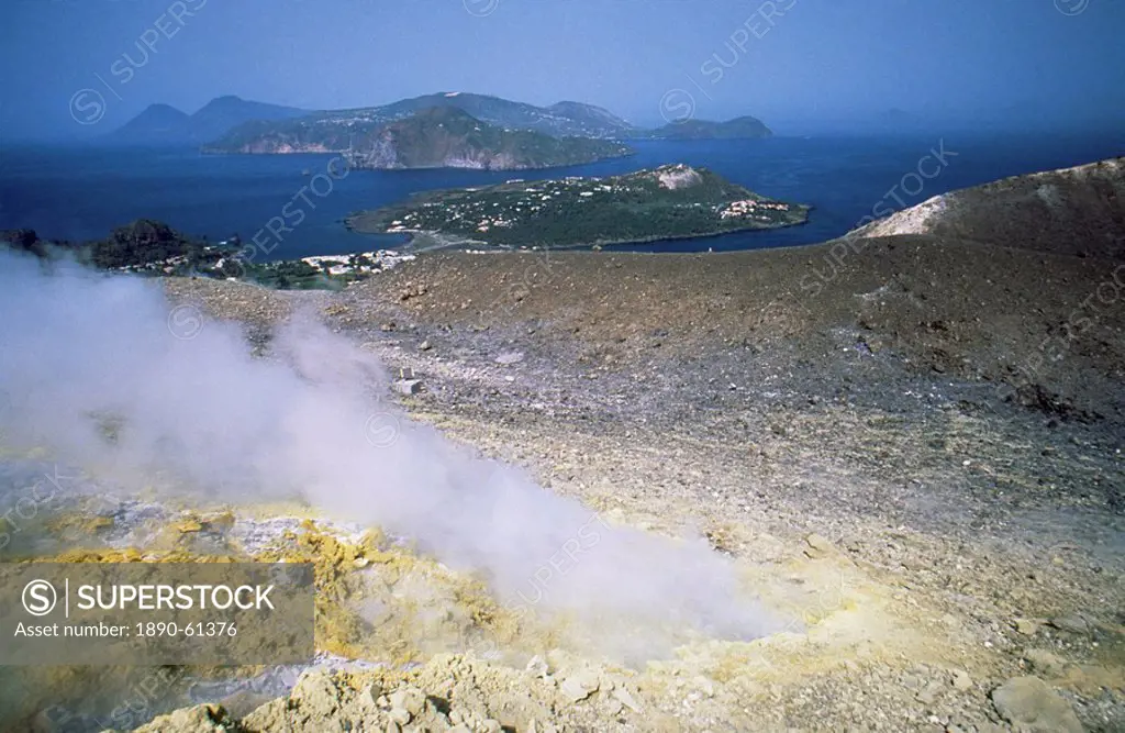 Steam issuing from sulphurous fumarole at Gran Craters, Vulcano Island, with islands of Lipari and Salina beyond, Aeolian Islands Eolian Islands Lipar...