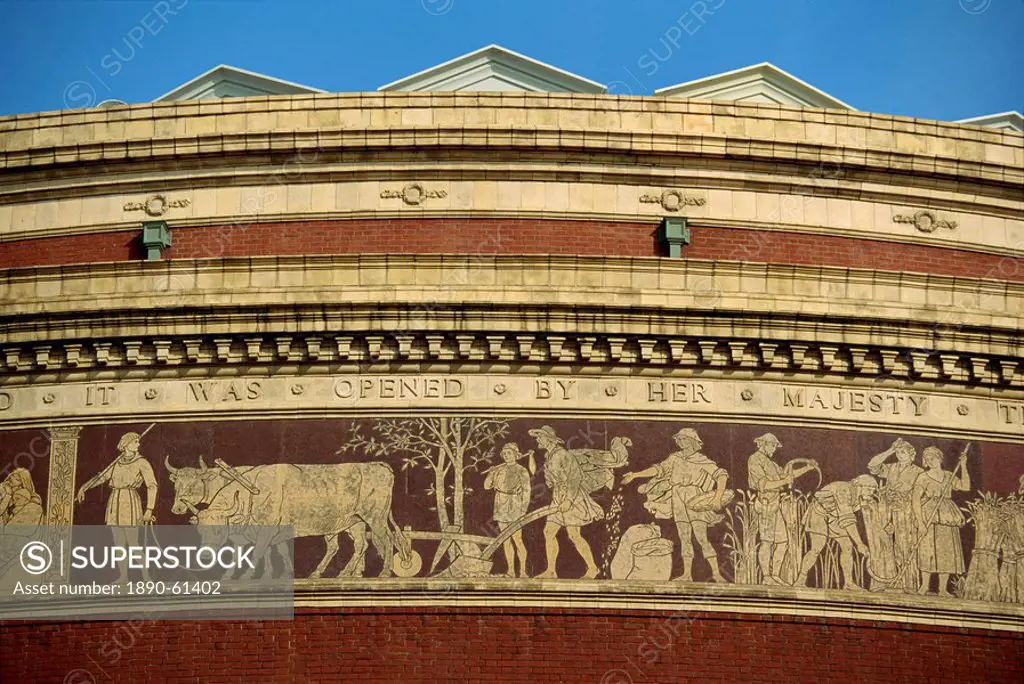 Detail on the Royal Albert Hall, built in 1871 and named after Prince Albert, Queen Victoria´s consort, Kensington, London, England, United Kingdom, E...