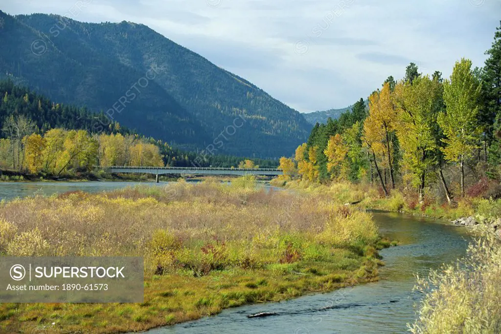 The Clark Fork River in the fall, at Tarkio, Rocky Mountains, west Montana, United States of America, North America