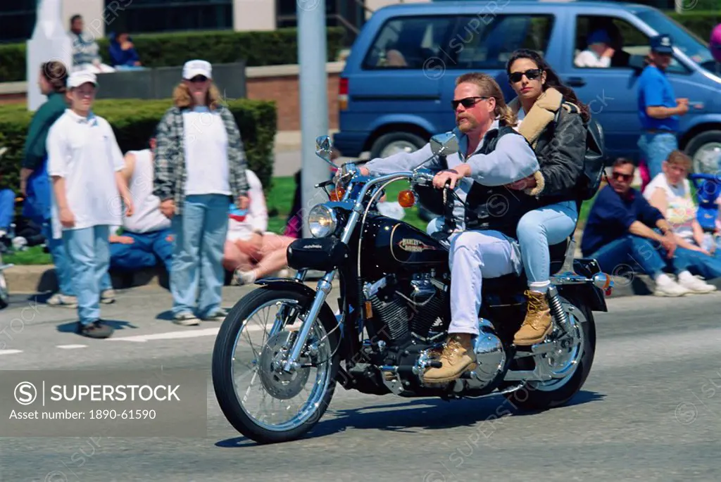 Couple on a Harley Davidson motorbike in Newport, Rhode Island, United States of America, North America
