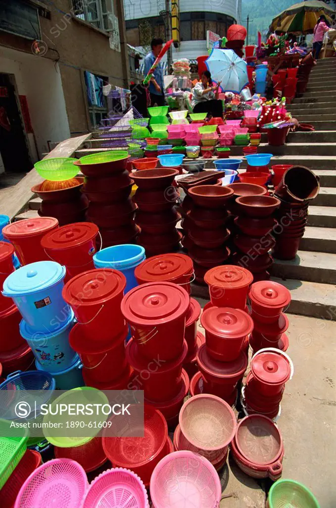Plastic goods on sale at the market at Longsheng, Guangxi, China, Asia