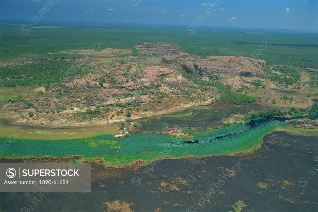 A billabong, the backwater of a river, on the floodplain of the East Alligator River near the border of Arnhemland and Kakadu National Park, Northern ...