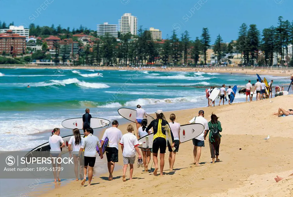 A surf class on Manly beach, the northern ocean suburb of Sydney, New South Wales, Australia, Pacific