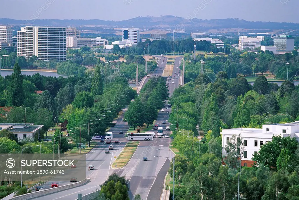 Looking from Capital Hill along Commonwealth Avenue towards Vernon Circle in the centre of the capital city, Canberra, Australian Capital Territory A....
