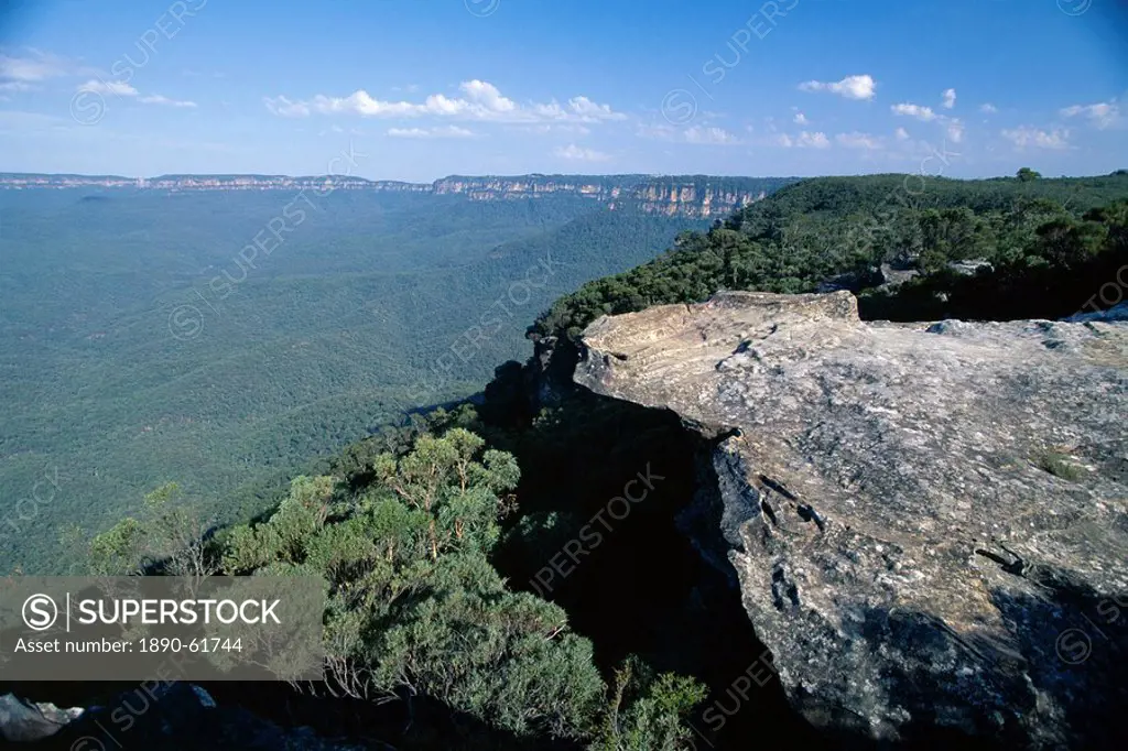 Eucalyptus oil haze causes the blueness in the view from the limestone pavement across the Jamison Valley in the Blue Mountains National Park, UNESCO ...
