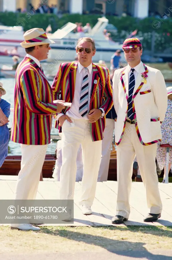 Men in blazers, in the exclusive stewards enclosure at Henley´s famous rowing regatta, Henley on Thames, Oxfordshire, England, United Kingdom, Europe