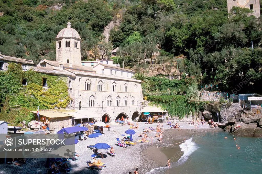 Beach and Benedictine abbey of San Fruttuosa, headland of Portofino, Liguria, Italy, Europe