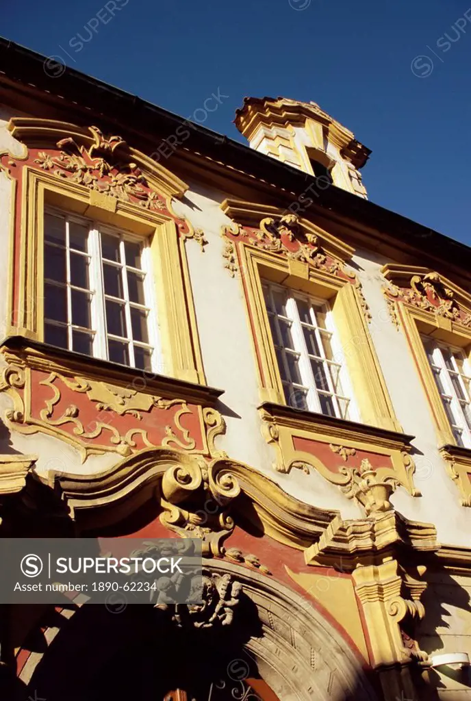 Ornate scrollwork over building housing art gallery, Litomerice, North Bohemia, Czech Republic, Europe