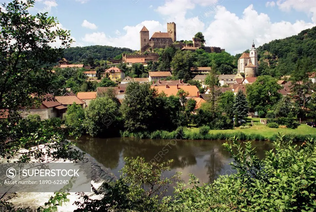 Burg Hardegg, viewed from Czech side of the River Thaya, which forms the border, Lower Austria, Austria, Europe