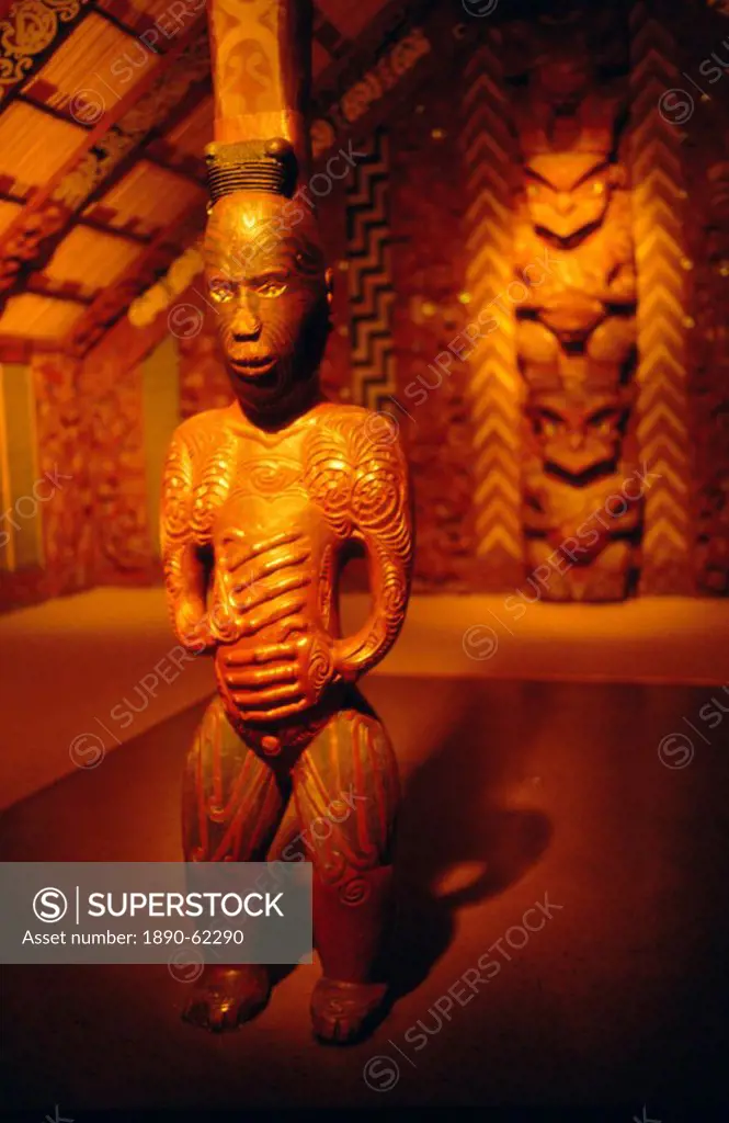 Carvings in interior of a Maori meeting house, New Zealand, Pacific