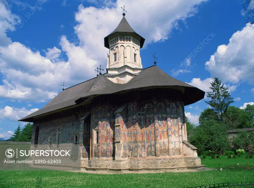 Moldovita Monastery from the southeast, exterior walls painted by Toma of Suceava in 1537, UNESCO World Heritage Site, North West Moldavia South Bucov...