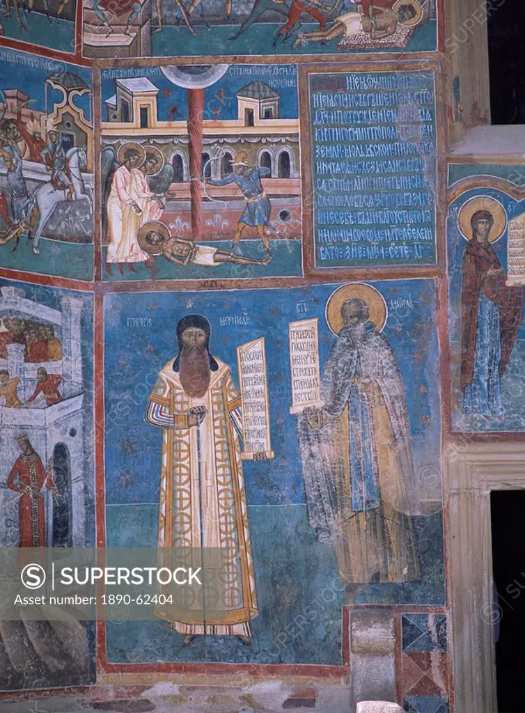 Panels of early saints and prophets painted between 1547 and 1550 on the south wall, Voronet Monastery, UNESCO World Heritage Site, North West Moldavi...