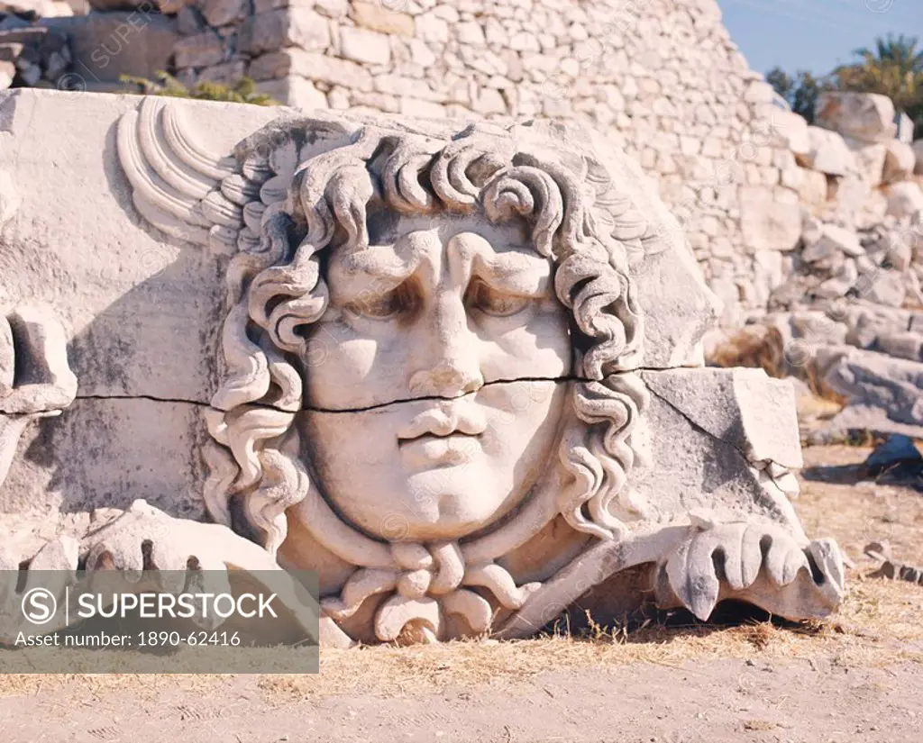 Carved head of Medusa at the archaeological site of Didyma , Turkey