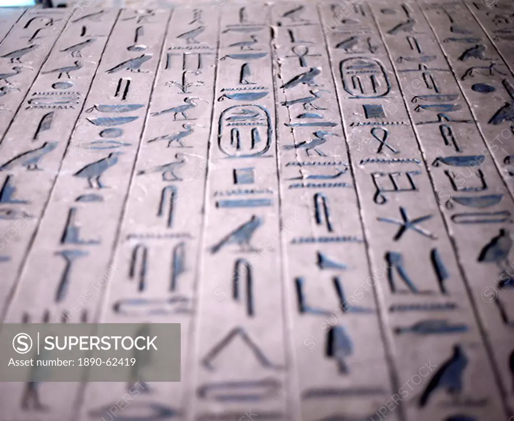 Hieroglyphics in the interior of the pyramid of Unas, Sakkara Saqqarah, Egypt, North Africa, Africa