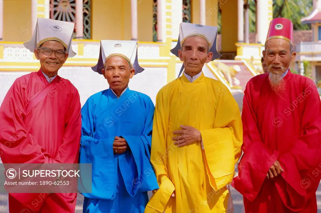 Portrait of four Cao Dai high priests, Long Hoa, Tayninh Province, Vietnam, Indochina, Southeast Asia, Asia
