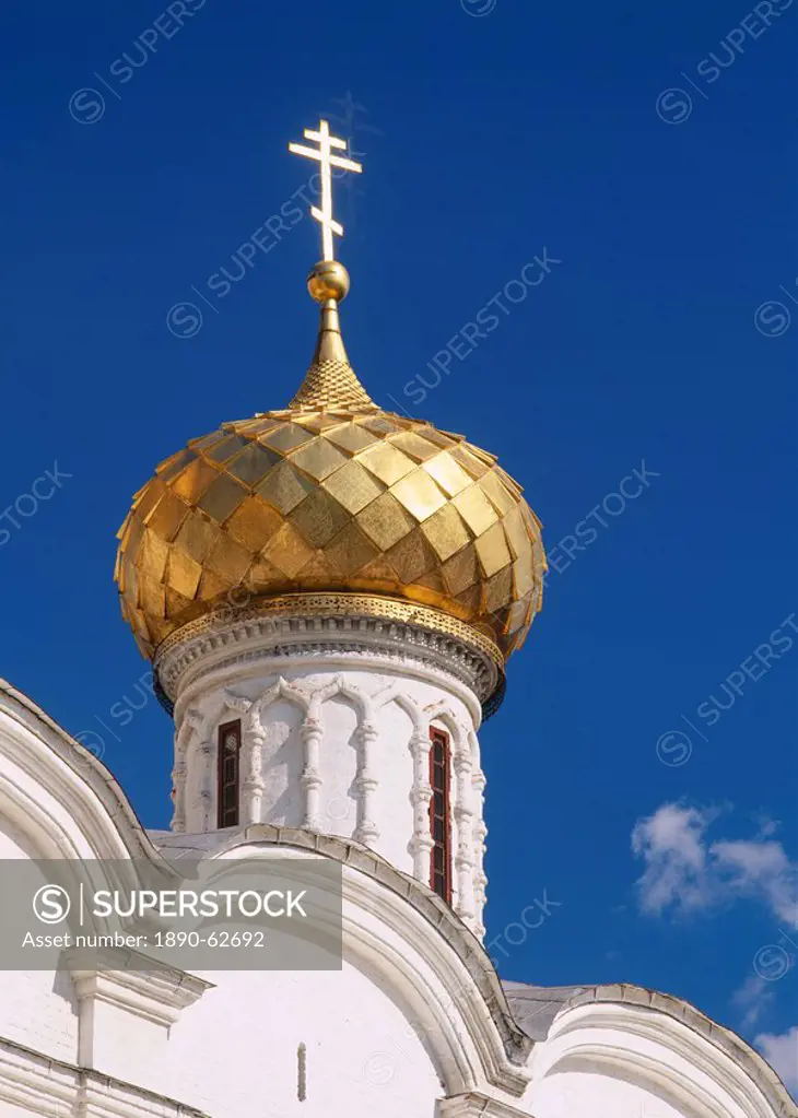 Close_up of golden onion dome of the Trinity Cathedral in the Ipatiev Monastery, in Kostroma, the Golden Ring, Russia