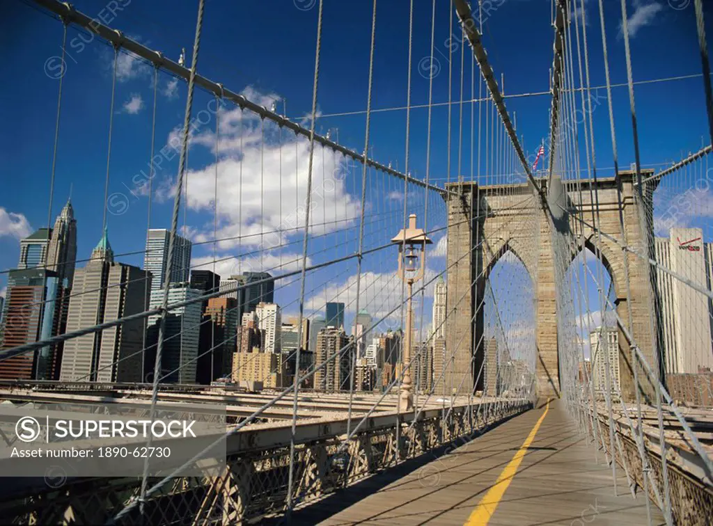 The Manhattan skyline from the Brooklyn Bridge, post Sept 11, New York City, New York State, USA, North America