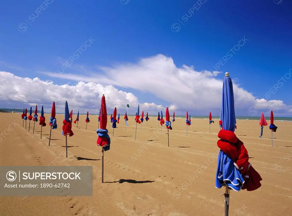 Colourful umbrellas on the beach, Deauville, Normandy, France