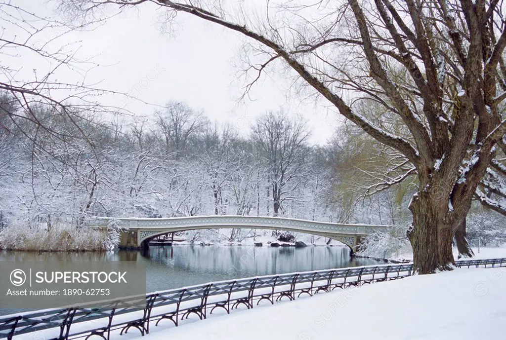 The Bow Bridge in Central Park after a snowstorm, New York City, New York, USA