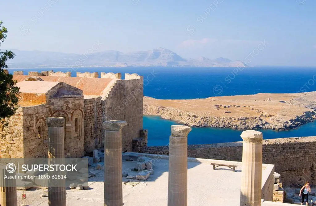 Columns and the sea from The Acropolis, Lindos, Rhodes, Dodecanese Islands, Greek Islands, Greece, Europe