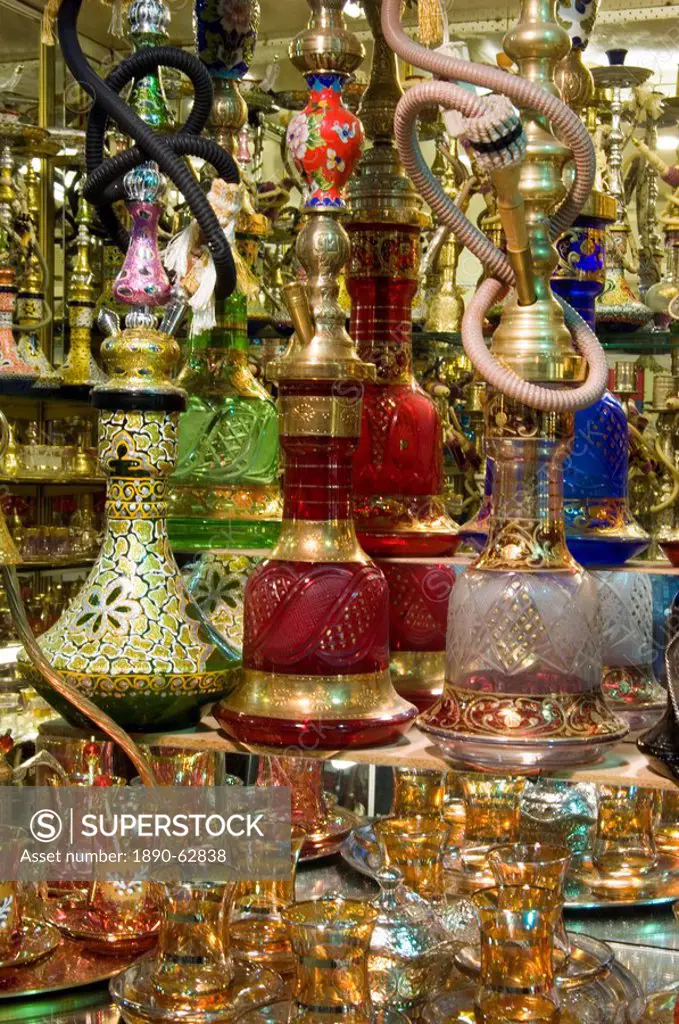 Colourful glass, ceramic and brass water pipes for sale in the Grand Bazaar, Istanbul, Turkey, Europe, Eurasia