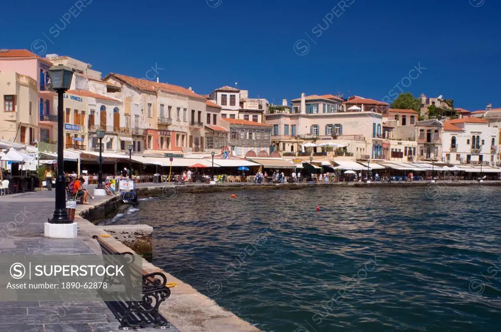 Tavernas and restaurants surrounding the harbour in the old town section of Hania Chania Xania, Crete, Greece, Europe