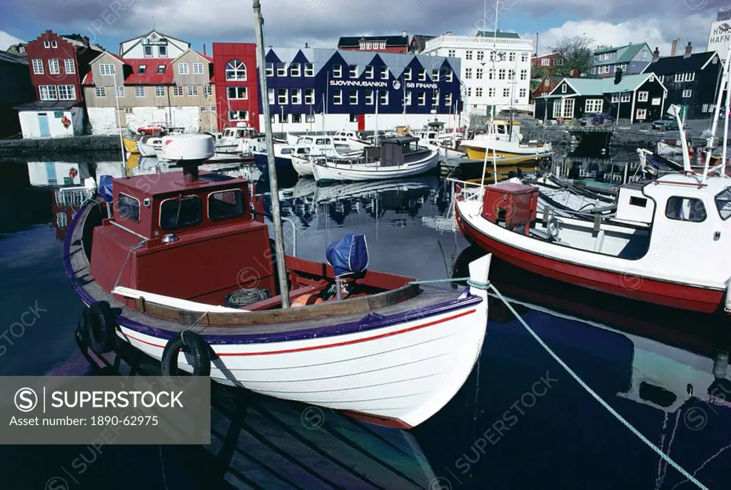 Boats in harbour, Torshavn Thorshavn, Stremoy, Faeroe Islands, Denmark, Europe, North Atlantic