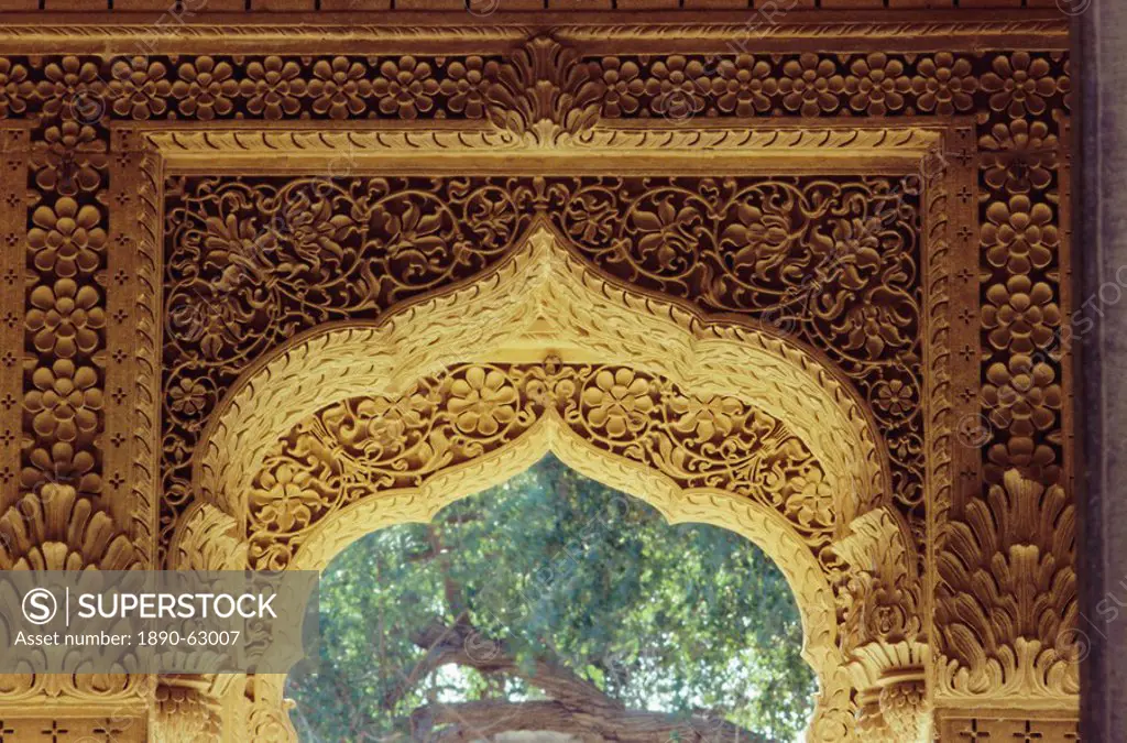 Restoration in the interior of the Jain temple, Amar Sagar, near Jaisalmer, Rajasthan, India