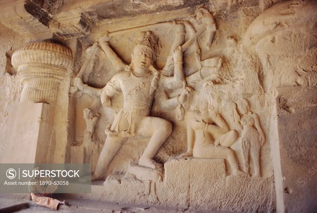 Rock cut panel showing the Hindu God Lord Shiva in Cave no 29, the Dhuma Lena Cave, at Ellora, Maharashtra State, India