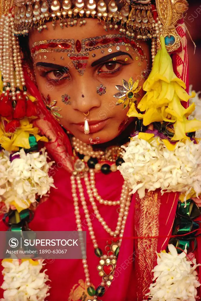 Portrait of a young actor in jewels and make_up as Sita, wife of Rama, from the Ramlilla, the stage play of the great Hindu Epic, the Ramayana, Varana...
