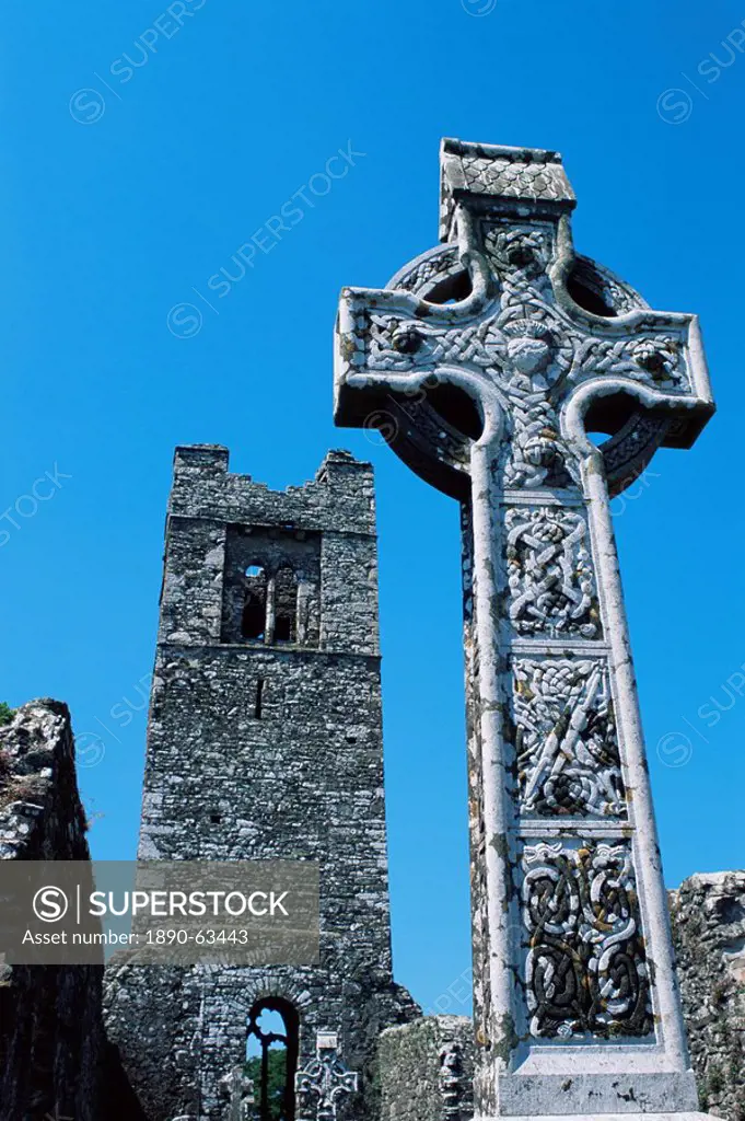 High cross, church of Slane Friary, County Meath, Leinster, Republic of Ireland Eire, Europe