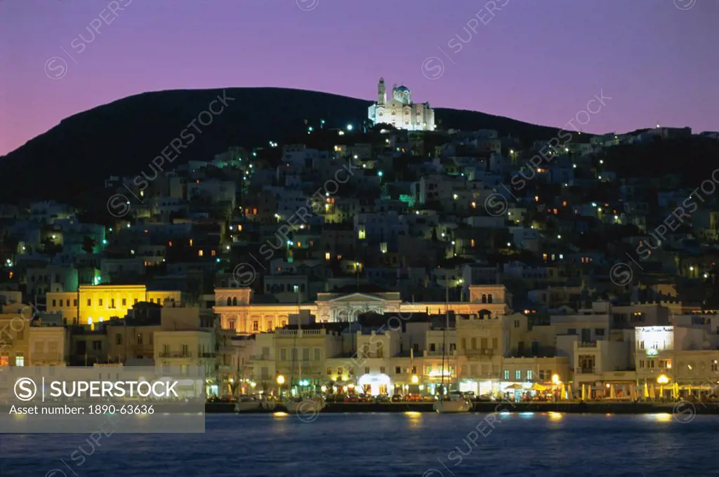 City skyline and church of Anastasis, Ermoupolis City, Syros Island, Cyclades Islands, Greece, Europe