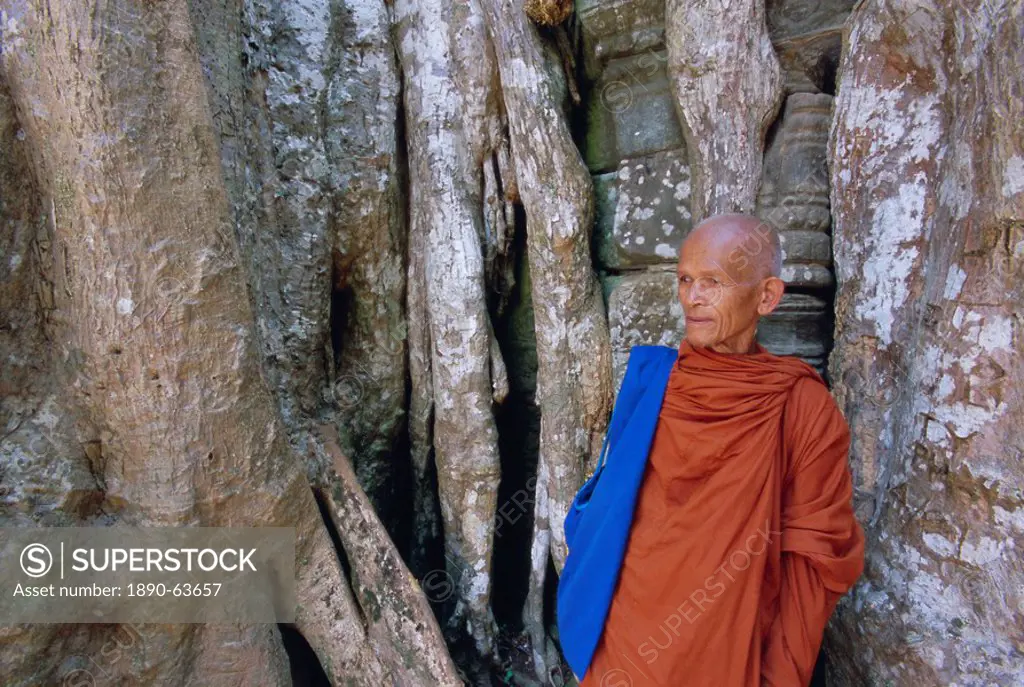 Buddhist monk in Ta Prohm temple, Angkor, UNESCO World Heritage Site, Siem Reap, Cambodia, Indochina, Asia