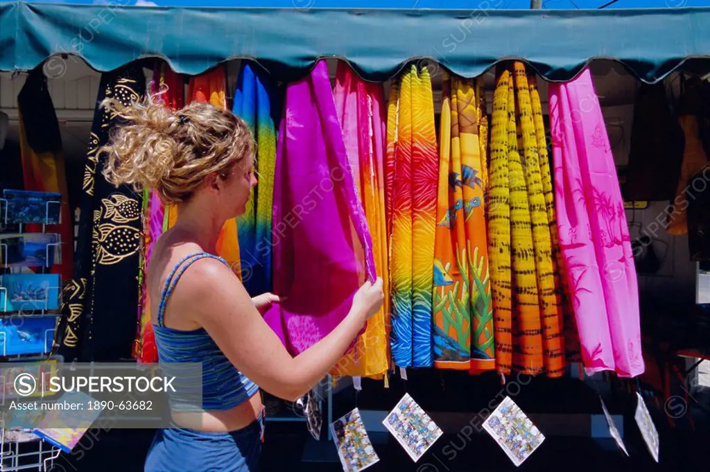 Colourful clothes hanging in a shop, St. Lucia, Windward Islands, West Indies, Caribbean, Central America