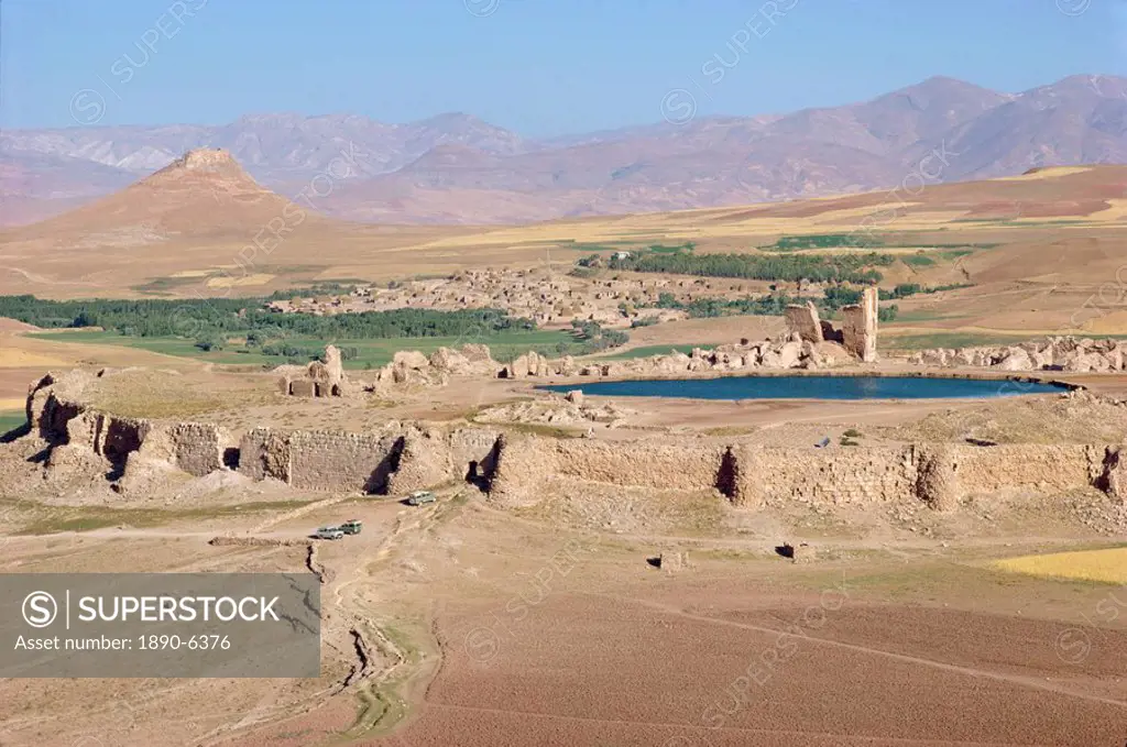 Aerial view over the fortress, lake and ruins at Takht_E_Sulaiman, Iran, Middle East
