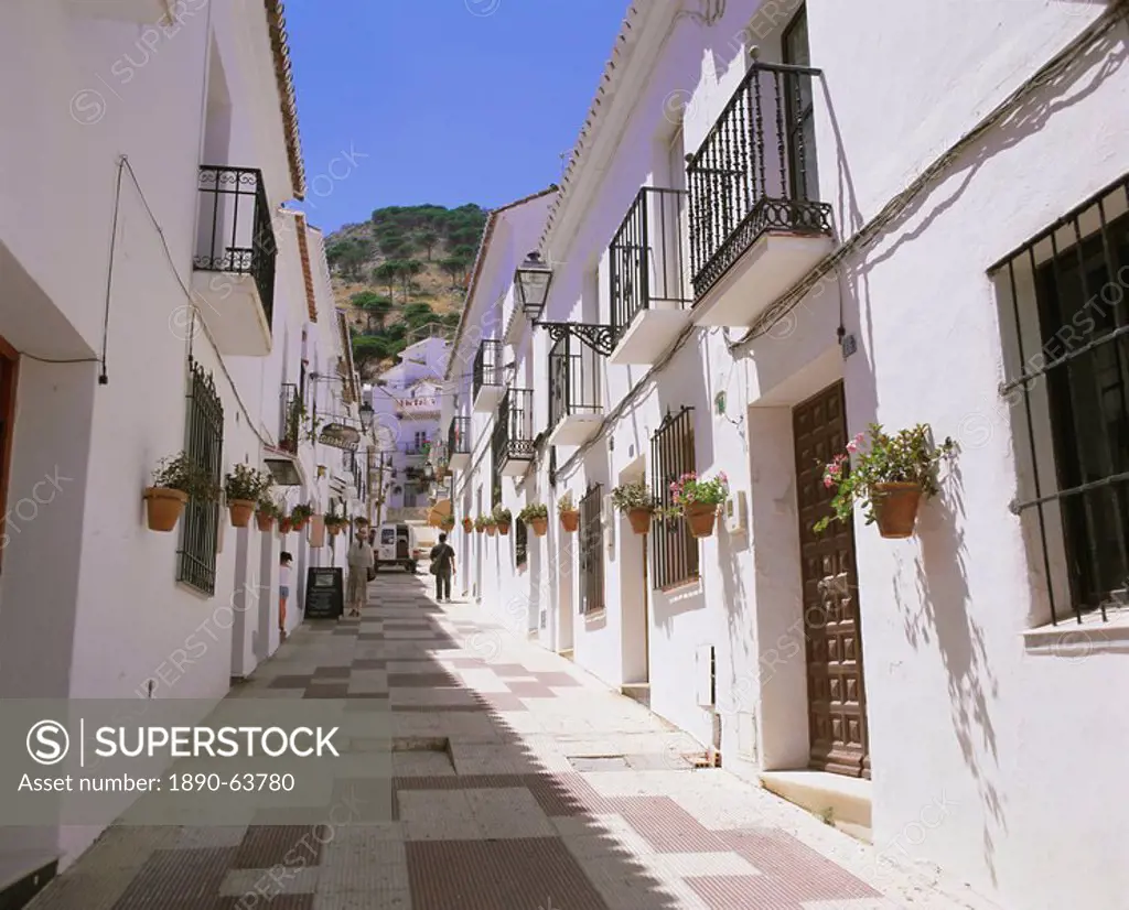 Street in the white hill village of Mijas, Costa del Sol, Andalucia Andalusia, Spain, Europe