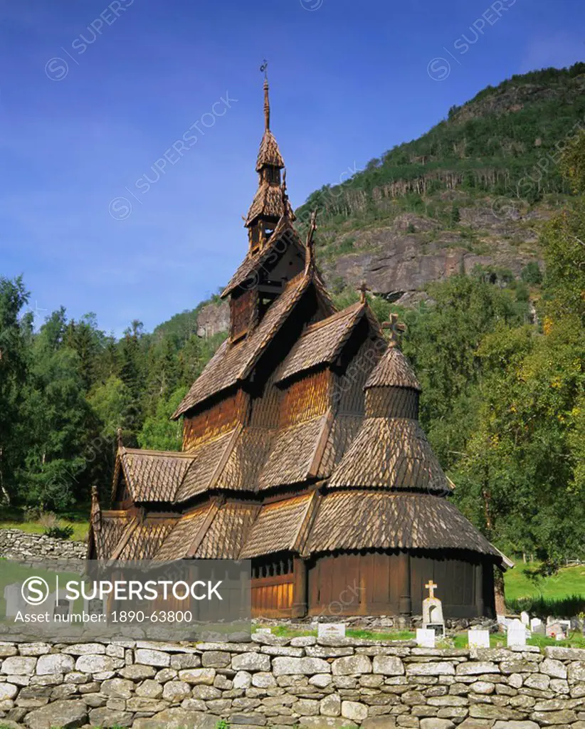 Borgund Stave Church, the best preserved 12th century stave church in the country, Borgund, Western Fjords, Norway, Scandinavia, Europe