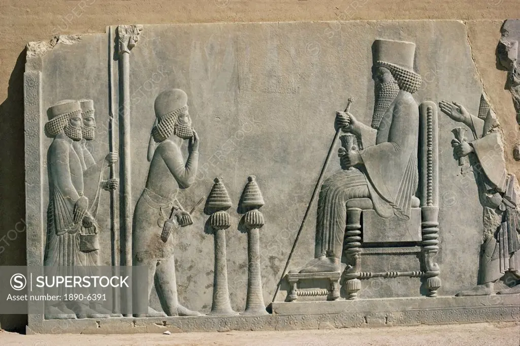 Relief of the enthronement of Darius, Persepolis, UNESCO World Heritage Site, Iran, Middle East