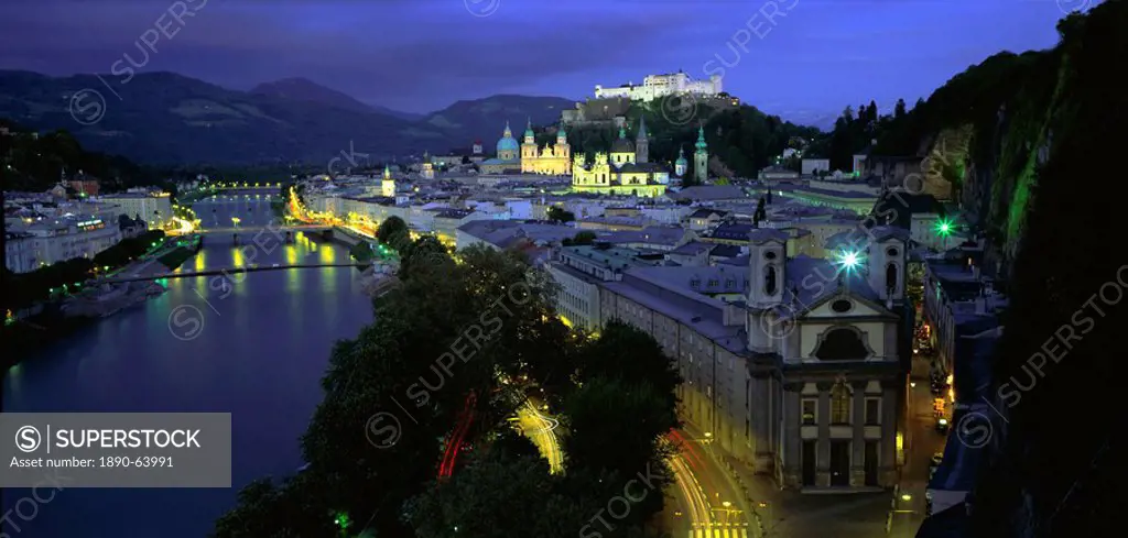 Elevated view of the old city, Kollegienkirche and Cathedral domes, Salzburg, Tirol Tyrol, Austria, Europe