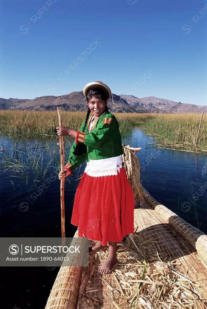 Portrait of a Uros Indian woman on a traditional reed boat, Islas Flotantes, floating islands, Lake Titicaca, Peru, South America