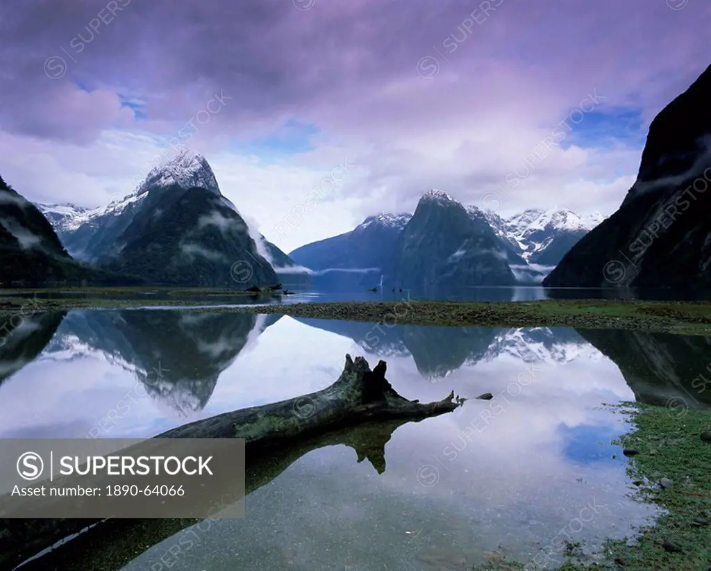 Reflections and view across Milford Sound to Mitre Peak, 1629m, Milford Sound, Fiordland, South Island, New Zealand, Pacific