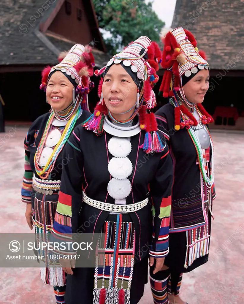 Portrait of three Akha hill tribe women in traditional dress, Chiang Mai, northern Thailand, Thailand, Southeast Asia, Asia