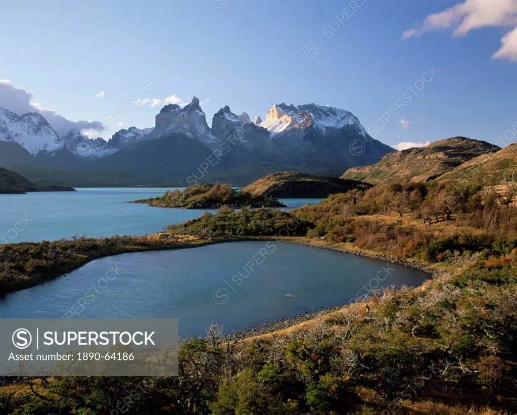 Cuernos del Paine rising up above Lago Pehoe, Torres del Paine National Park, Patagonia, Chile, South America