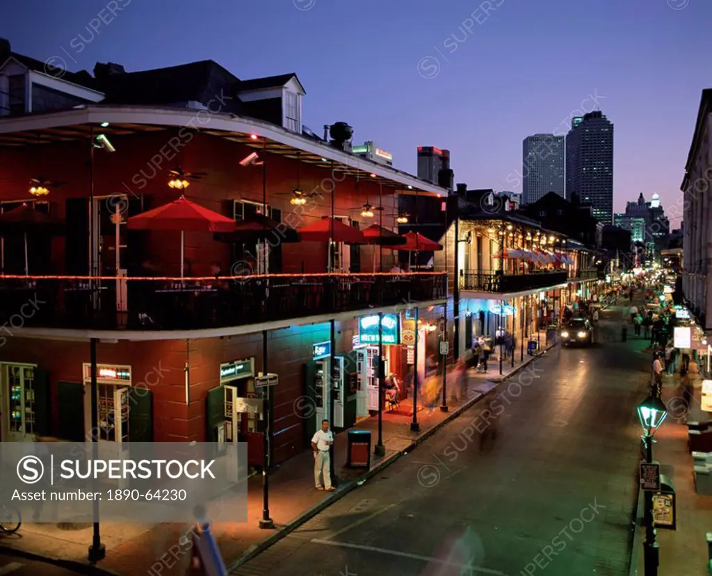 City skyline and Bourbon Street, New Orleans, Louisiana, United States of America, North America