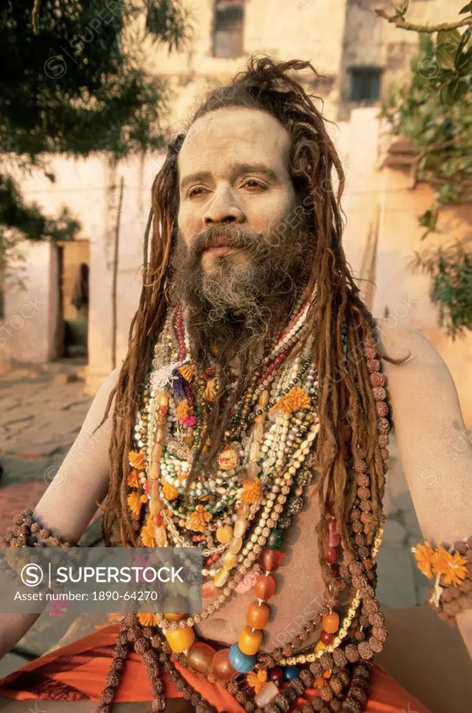 Portrait of a Hindu holy man saddhu, Varanasi Benares, Uttar Pradesh state, India, Asia