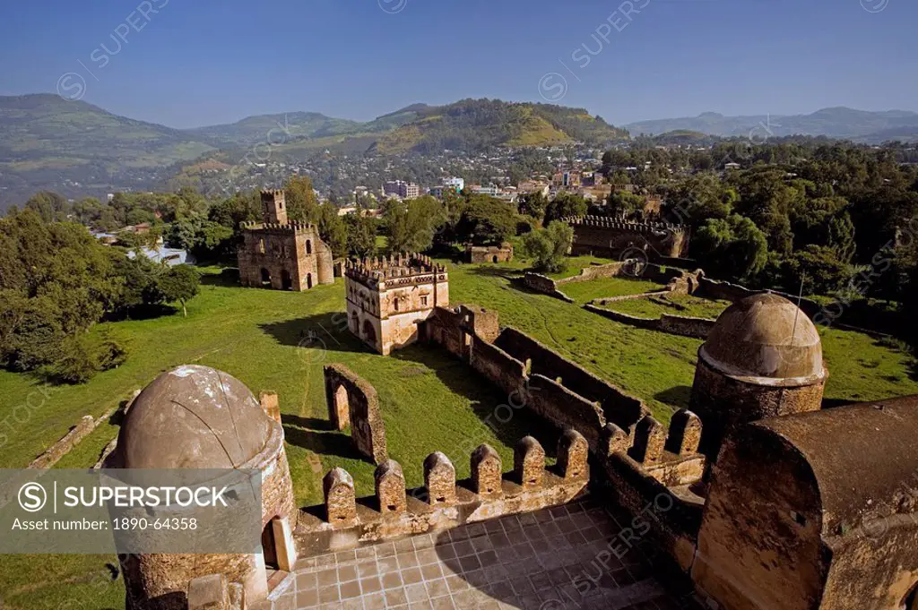 View over Gonder and the Royal Enclosure from the top of Fasiladas´ Palace, Gonder, Gonder region, Ethiopia, Africa