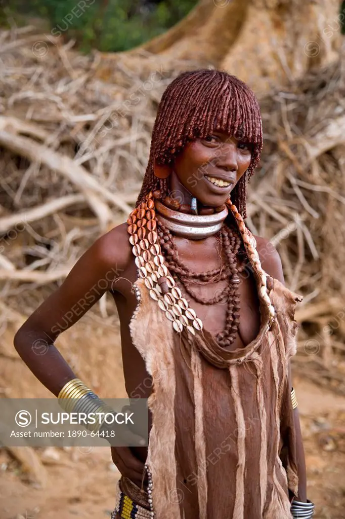 Portrait of a Hamer woman with goscha ochre and resin hair tresses, Hamer Tribe, Lower Omo Valley, southern area, Ethiopia, Africa