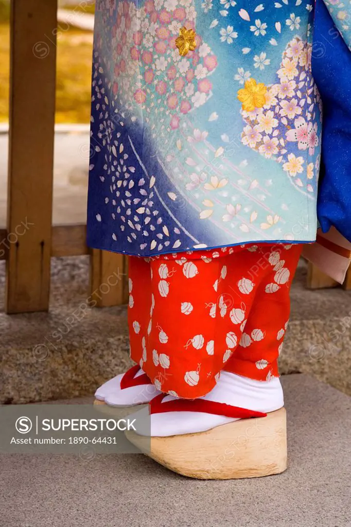Maiko apprentice geisha wearing traditional Japanese kimono and okobo tall wooden shoes, Kyoto, Kansai region, island of Honshu, Japan, Asia