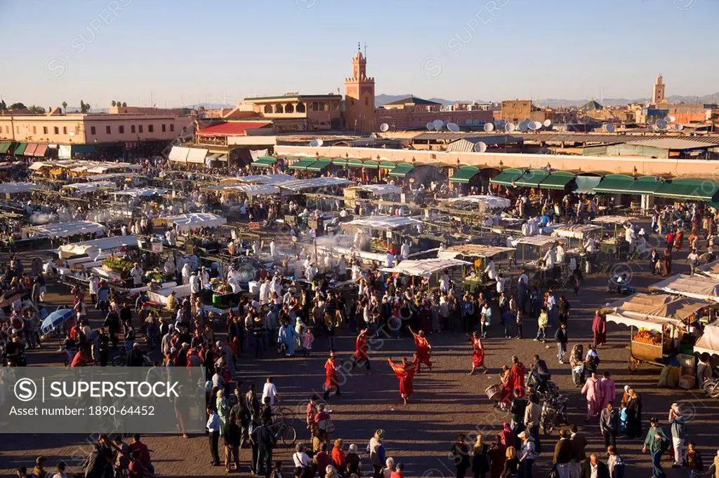 Elevated view over the Djemaa el_Fna, with food stalls filling the square in the evening, Marrakech Marrakesh, Morocco, North Africa, Africa